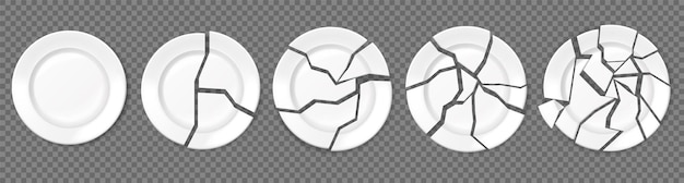 Broken plates shattered food plate cracked porcelain dishes Realistic empty white dish broke into pieces ceramic shards vector set