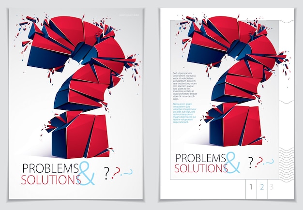 壊れたクエスチョンマークの爆発的なパンフレットやチラシのデザイン、細かく分割されたクエリ、ベクトル3dリアルなイラスト。特殊文字の概念記号、疑い、難易度、FAQおよびサポートの概念。