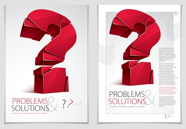 Broken Question Mark exploding brochure or flyer design, Query breaking to pieces, vector 3d realistic illustration. Special character conceptual symbol, doubt, difficulty, FAQ and support concept.