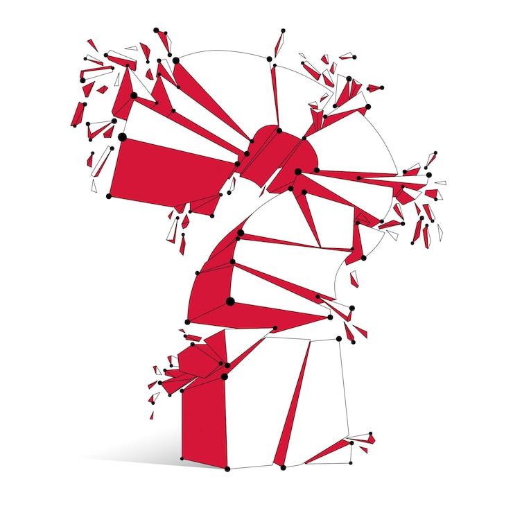 Vector broken question mark exploding, query breaking to pieces, vector 3d illustration. special character conceptual symbol, doubt, difficulty, faq and support concept.