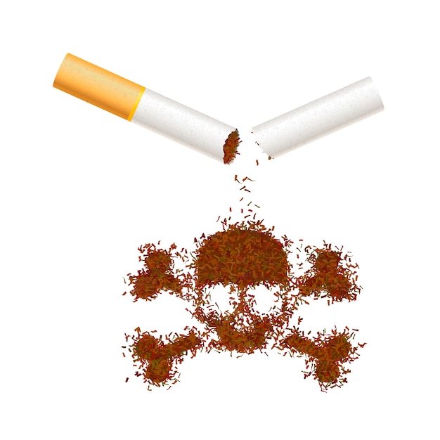 Sigaretta realistica rotta con foglie di tabacco nel segno del cranio. il fumo uccide l'illustrazione di concetto su bianco.