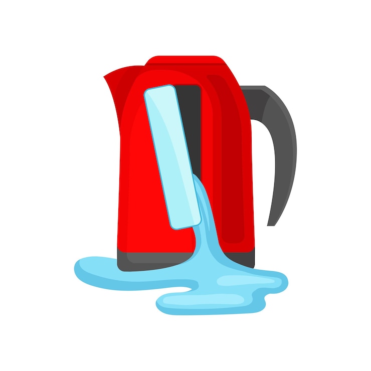 Vector broken red kettle pouring water damaged home appliance vector illustration isolated on a white background
