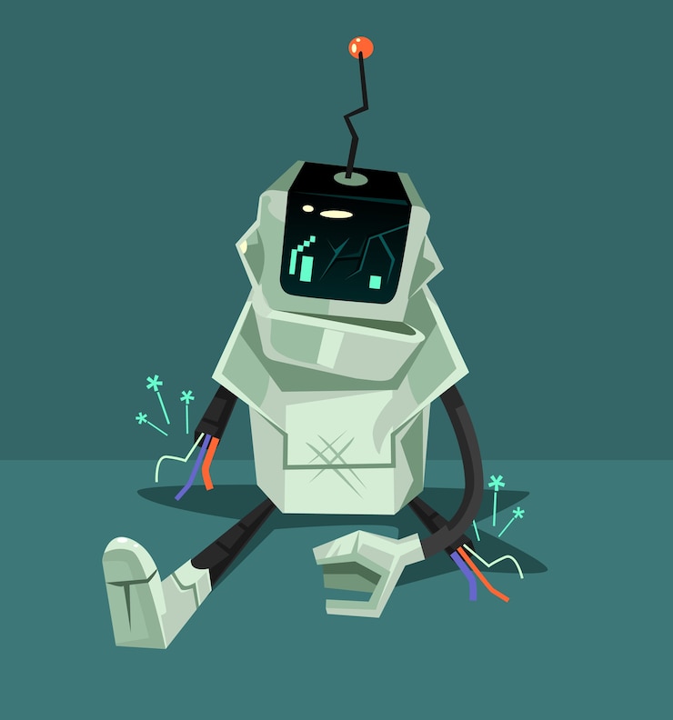 Vector broken robot character, flat cartoon illustration