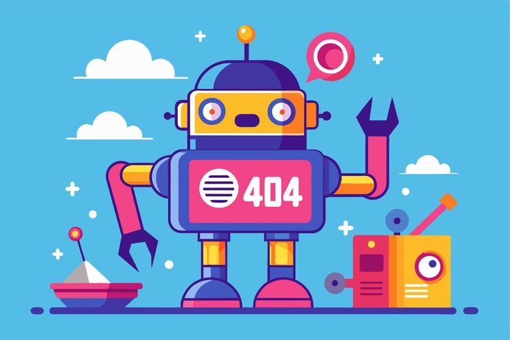 Vector a broken robot with a playful expression and a customizable design greets viewers against a bright backdrop oops 404 error with a broken robot customizable flat illustration