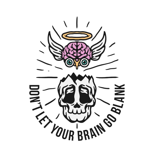 Broken skull illustration with dead brain with wings on white background