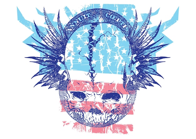 Vector broken skull on wings and flag background