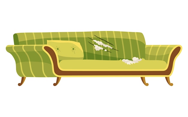 Вектор Сломанная икона дивана разорванный старый диван для гостиной изолированный на белом фоне поврежденная старая мебель в помещении беспорядочный сиденье дивана векторный интерьерный объект в стиле мультфильмов