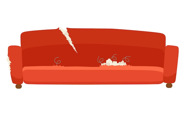 Icona del divano rotto vecchio divano strappato per il soggiorno isolato su sfondo bianco vecchi mobili interni danneggiati sedile disordinato del divano oggetto interno vettoriale in stile cartone animato