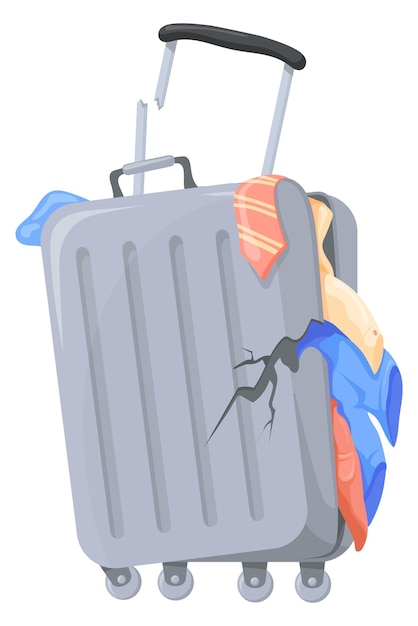 Vector broken suitcase with clothes color icon damaged luggage