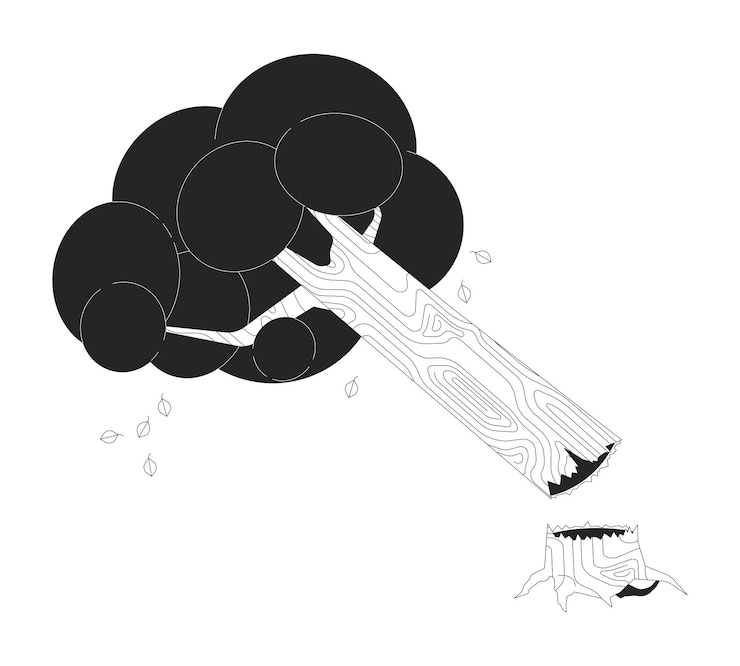 Vector broken tree and shrub black and white 2d line cartoon object