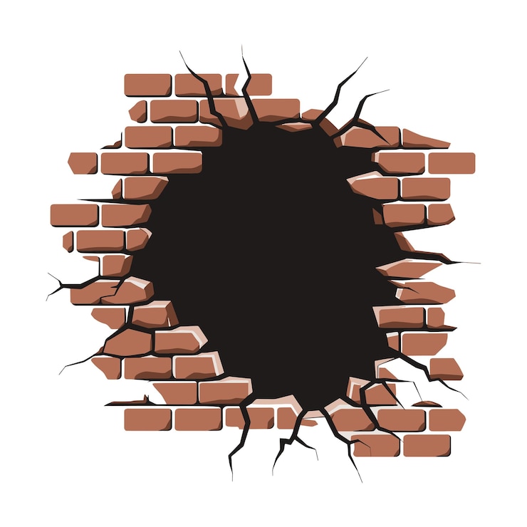 Vector broken wall with hole crack bricks effect isolated vector illustration