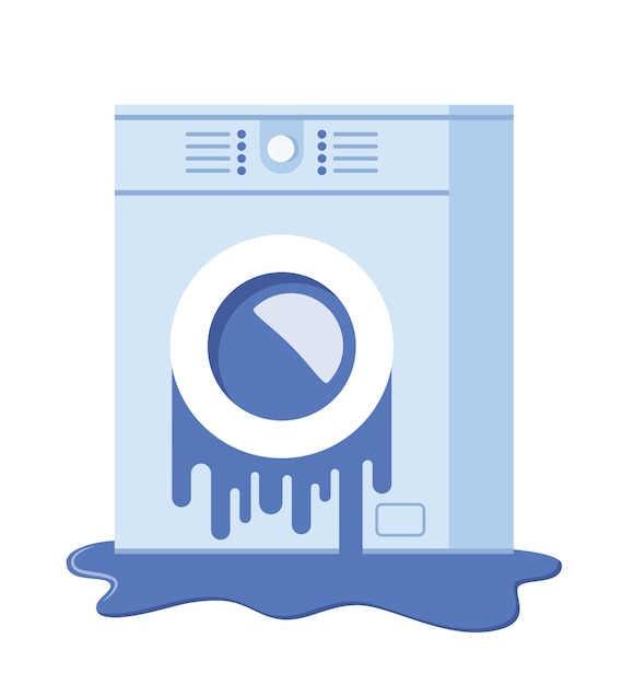 Broken washing machine Damaged washer with water flowing on floor need repair Vector illustration