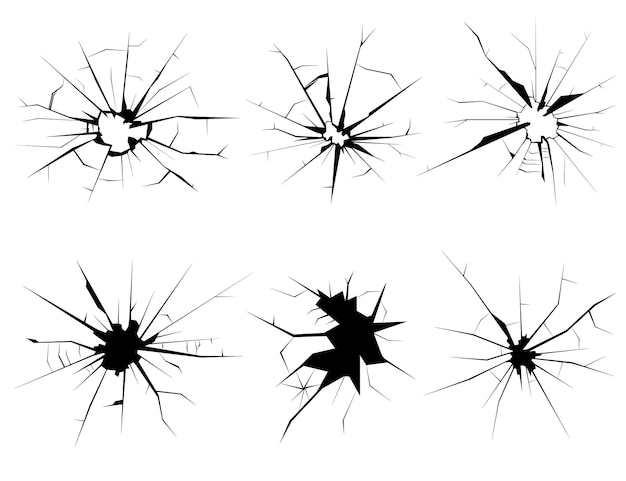 ベクトル 壊れた窓 クラッシュ後の様々な黒い裂け目 ガラスのセット 弾丸の破壊や破壊