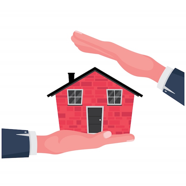 Брокер передает клиенту страховку дома с изображением руки, держащей красный дом