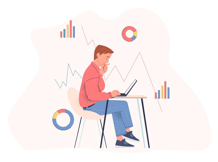 Vector broker with laptop man with computer at background of charts and diagrams statistics and infograhics