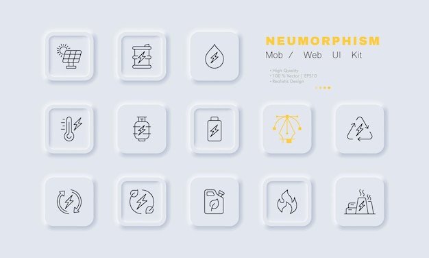 Bronnen van elektrische energie ingesteld pictogram Zonne-batterij brandstof bliksem elektriciteit waterkrachtcentrale waterdruppel thermometer elektriciteitscentrale technologie concept Neomorfisme Vector lijn pictogram