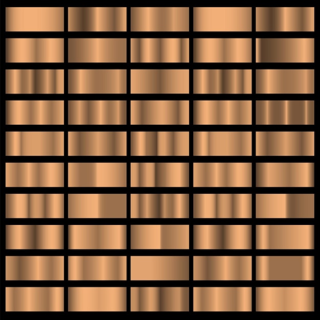 Vector bronsfolie horizontale textuur gradatie achtergronden instellen. vectorverzameling van glanzende metalen gradiëntcollectie voor rand, frame, lint, label