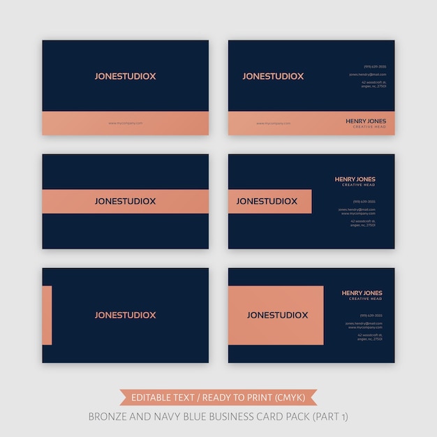 Vector bronze and navy blue business card pack part 1