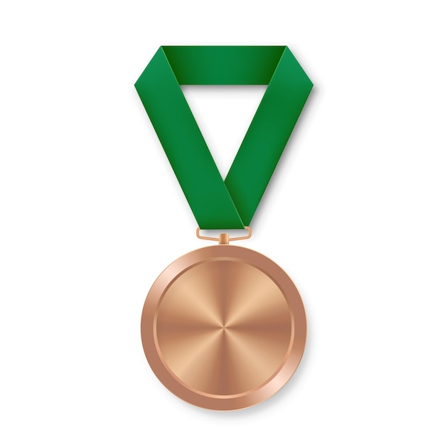 Vector bronzen sportmedaille voor winnaars met groen lint trofee voor de derde plaats erebadges