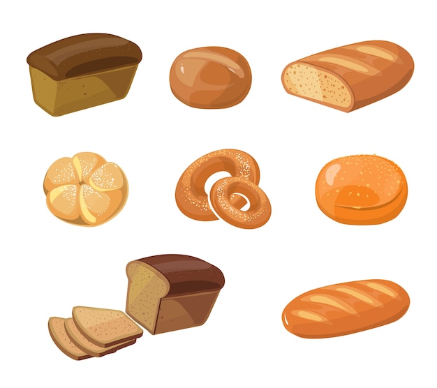 Brood bakkerijproducten vector cartoon pictogrammen