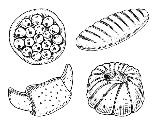 Brood en gebak donut lang brood en fruittaart zoet broodje of croissant met chocolade gegraveerde hand getekend in oude schets en vintage stijl voor label en menu bakkerij winkel biologisch voedsel van meel
