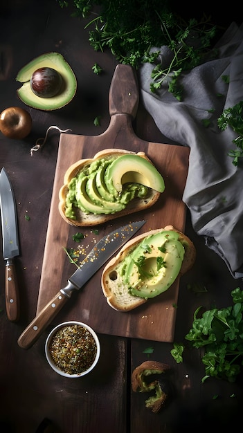Brood met groene erwtenpasta en avocado op een houten snijplank