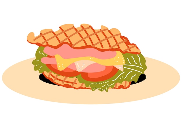 Broodje Croffle Met Ham Kaas En Tomaat Croissant Waffle Vector Food