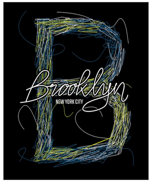 Brooklyn nyc colorato scribble e vintage tipografia tshirt design in illustrazione vettoriale