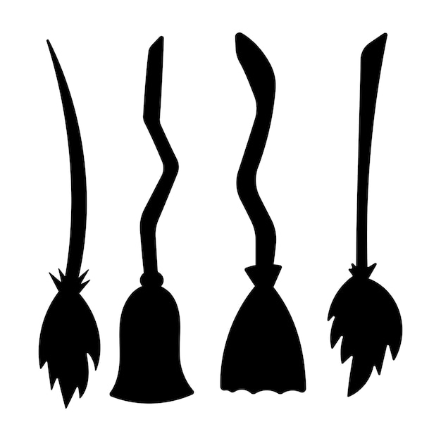 broom halloween fly magic black set elements vector