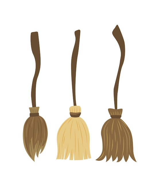 Broom set brooms for witch cartoon flat vector