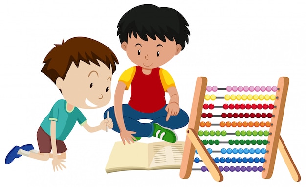 Brother teaching homework with abacus