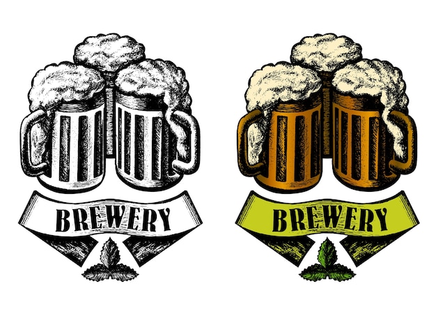 Brouwerij embleem ontwerp. bierpullen, lint. schetsstijl, zwart-wit en kleurenversie.