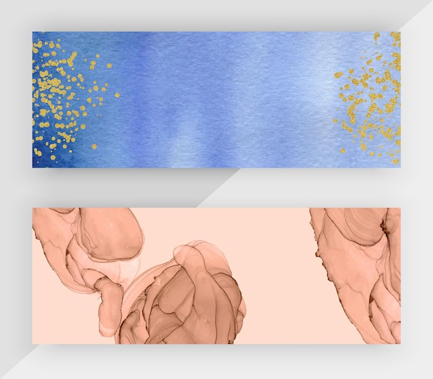 Коричневые спиртовые чернила и синий мазок кисти акварельные горизонтальные баннеры.