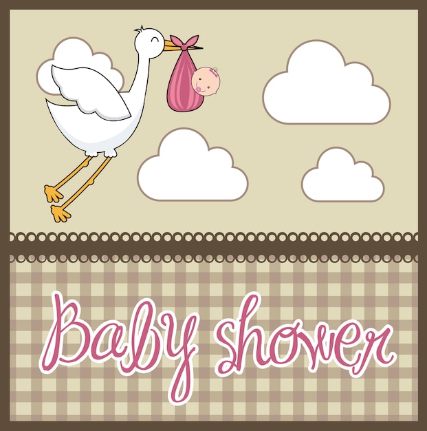 Brown baby shower card with stork with baby vector illustration