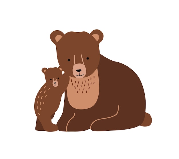 Brown bear and cub isolated on white background. Cute lovely family of wild forest carnivorous animals. Parent with youngling, mother and offspring. Flat cartoon colorful vector illustration.