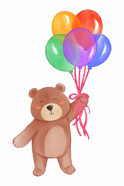 Brown bear hold balloons Realistic watercolor paint with paper textured Cartoon character design Vector