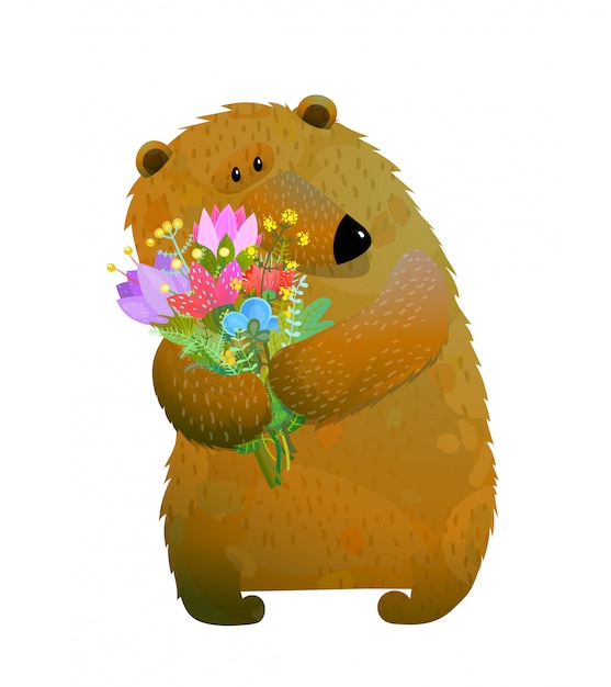 Vector brown bear holding bunch of flowers