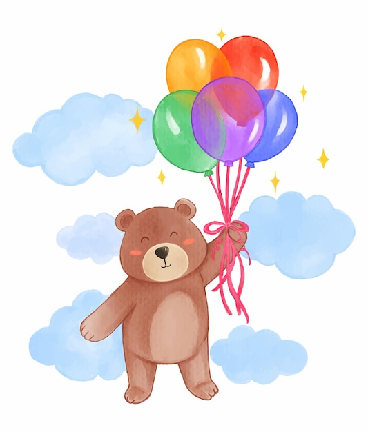 Vector brown bear is floating with balloons in the sky realistic watercolor paint with paper textured cartoon character design vector