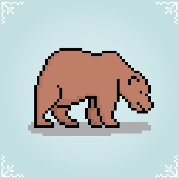 Brown bear pixel art Cute animals for game assets in vector illustration