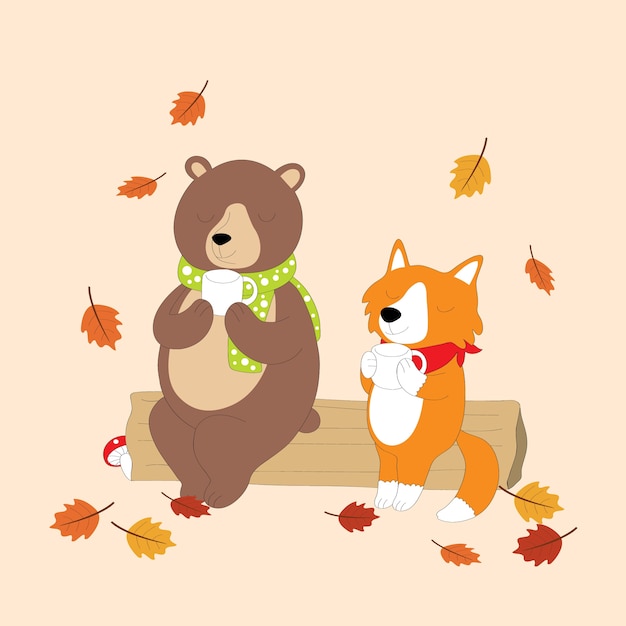 Vector brown bear and red fox drinking coffee in fall