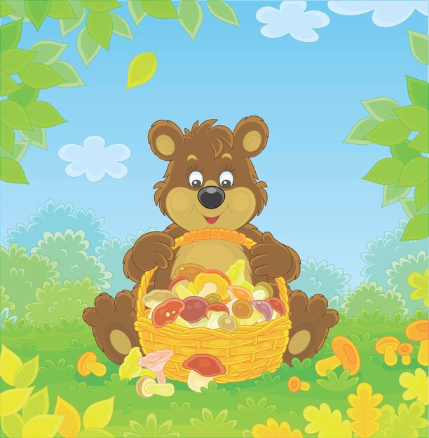 Brown bear with a basket of mushrooms