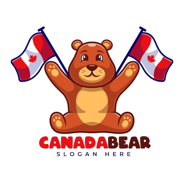 Orso bruno con il modello di logo del fumetto della mascotte della bandiera del canada.