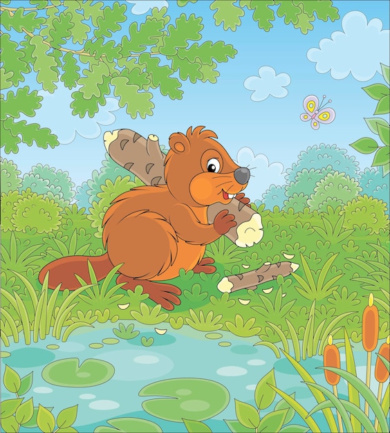 Brown beaver with a big flat tail and large teeth carrying a small gnawed log by a small blue lake