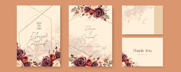 Vector brown beige and red rose rustic vector elegant watercolor wedding invitation floral design