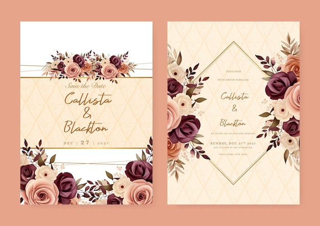 Vector brown and beige rustic rose artistic wedding invitation card template set with flower decorations