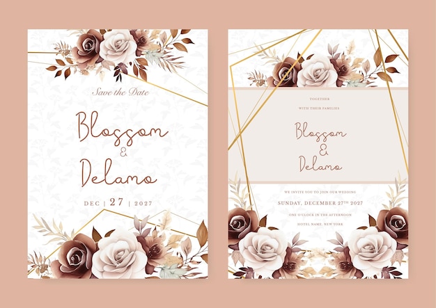 Template di inviti a nozze rustici marroni e beige con decorazioni floreali