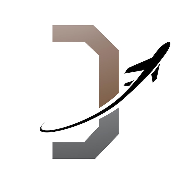Brown and Black Futuristic Letter D Icon with an Airplane