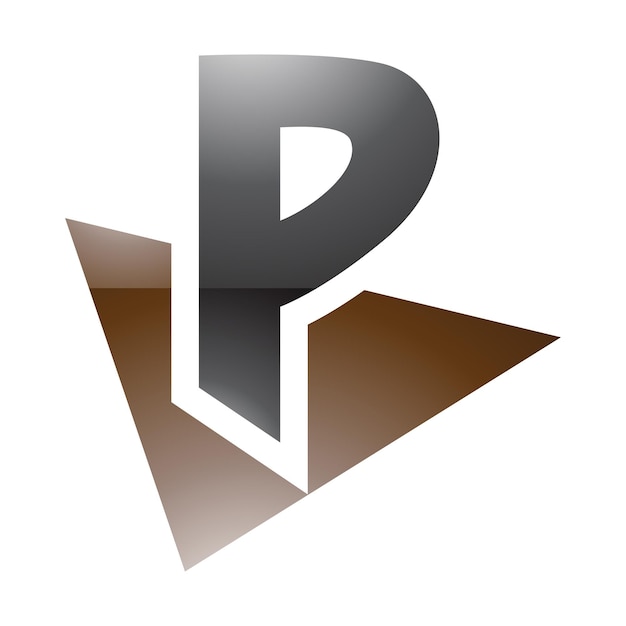 Icona lettera p lucida marrone e nera con un triangolo su sfondo bianco