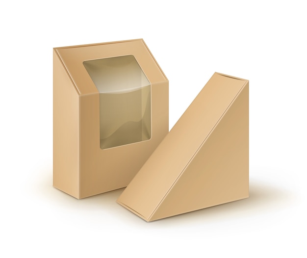 Vector brown blank cardboard rectangle triangle take away boxes packaging for sandwich