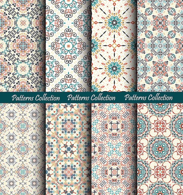 Brown blue backgrounds set Stylized flower seamless patterns Colorful weave floral ornament vector Intricate luxury decoration Flourish furniture fabric print wallpaper Interior design elements